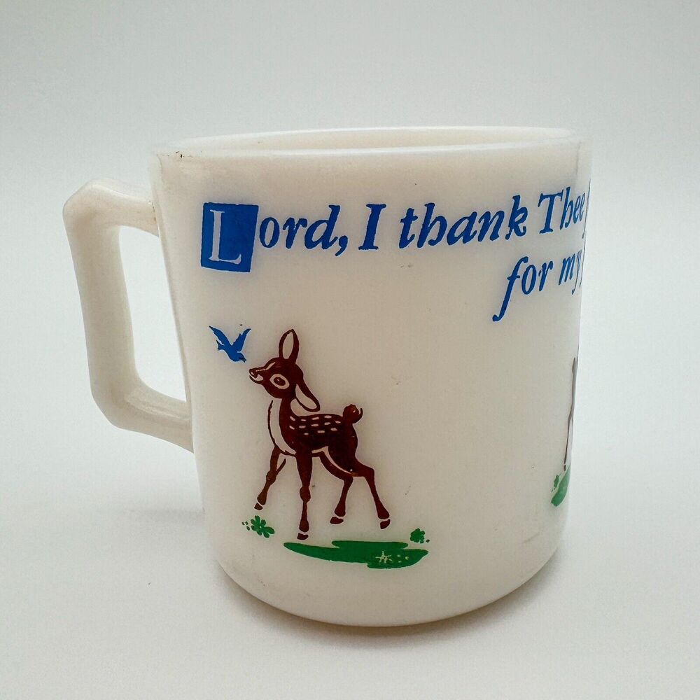 Vintage Hazel Atlas Hazelware Milk Glass Lord's Prayer Deer MCM Children's Mug